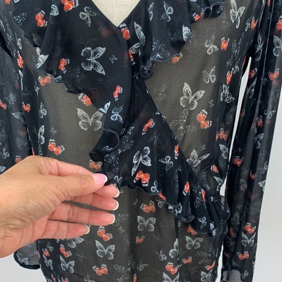 Patrizia Pepe Black Sheer Butterfly Print Ruffle Trim Top Size 44 (small… - Picture 5 of 16
